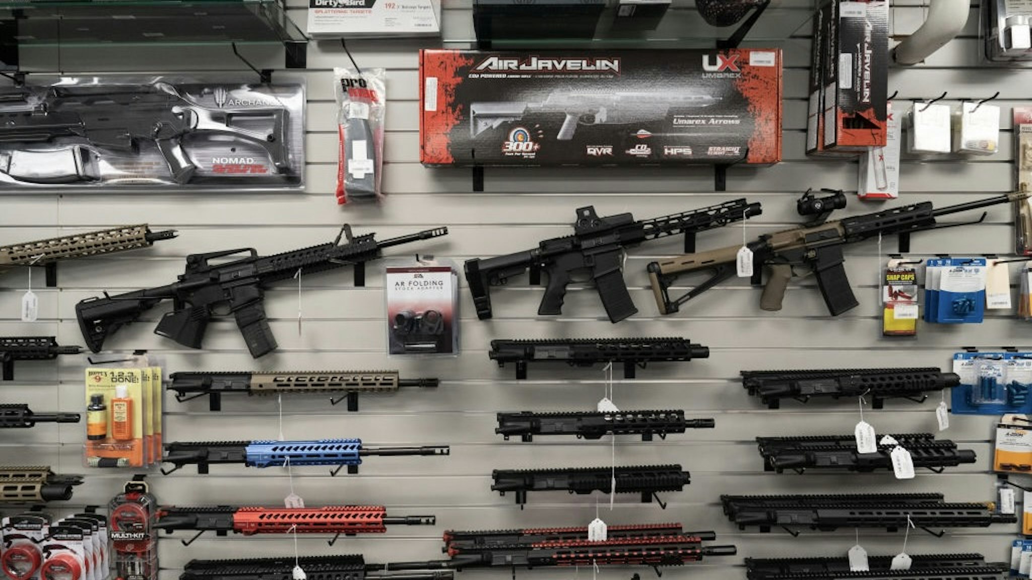 Firearm Store Sales As Biden Announces Restrictions, Including On 'Ghost Guns' California-compliant AR-15 rifles, upper receivers and gun accessories for sale at Hiram's Guns / Firearms Unknown store in El Cajon, California, U.S., on Monday, April 26, 2021. President Joe Biden's planned executive actions would crack down on "ghost guns," which can be assembled from kits and are not traceable by law enforcement because they lack serial numbers, as well as braces for pistols that make firearms more stable and accurate. Photographer: Bing Guan/Bloomberg via Getty Images Bloomberg / Contributor