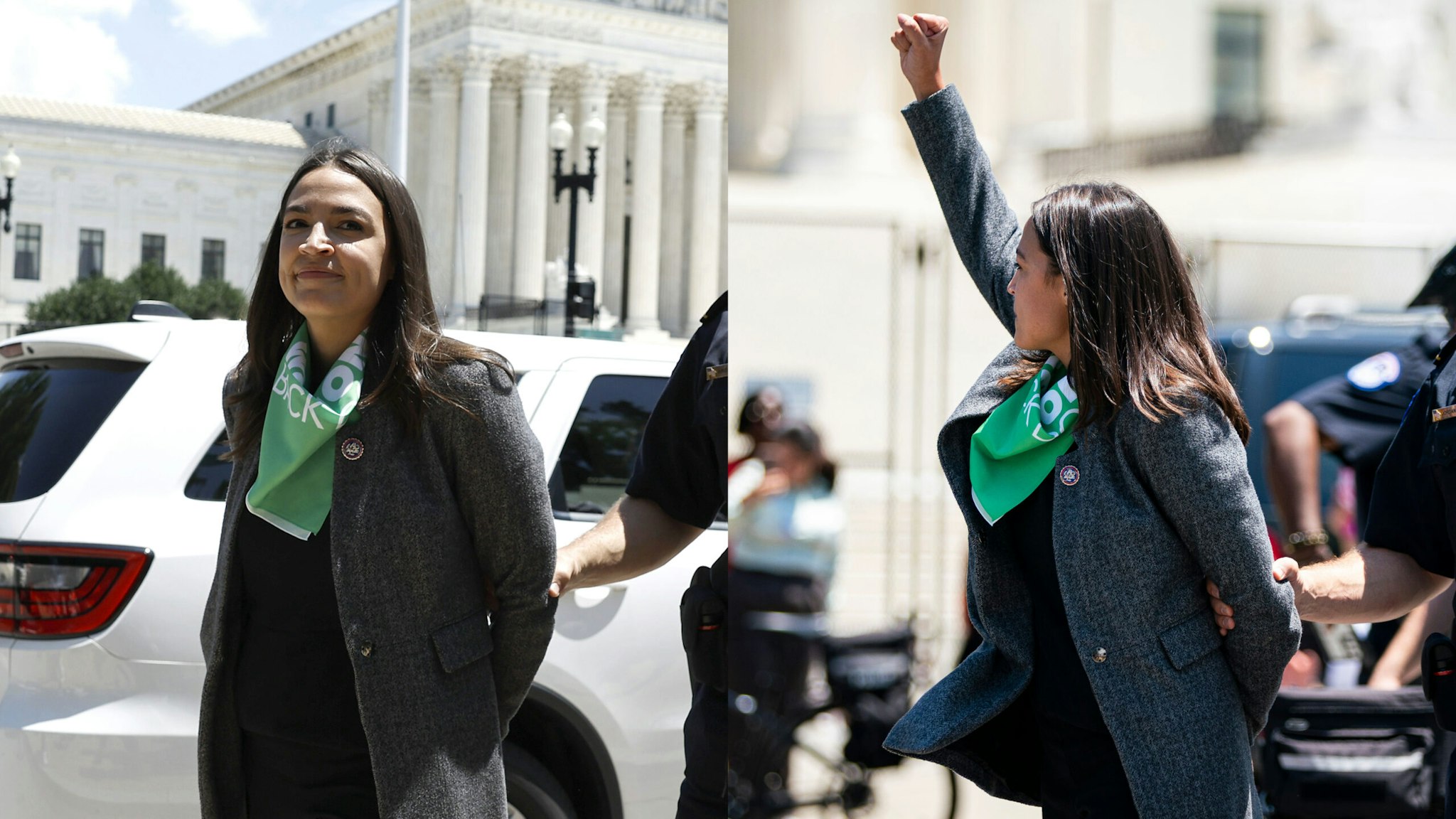 Representative Alexandria Ocasio-Cortez, a Democrat from New York, is arrested outside the US Supreme Court during a protest of the court overturning Roe v. Wade in Washington, D.C., US, on Tuesday, July 19, 2022. The high court's reversal of the 1973 landmark decision protecting the federal right to abortion has sent shock waves through the medical, legal and advocacy communities with the White House signing an executive order intended to preserve access to the procedure.