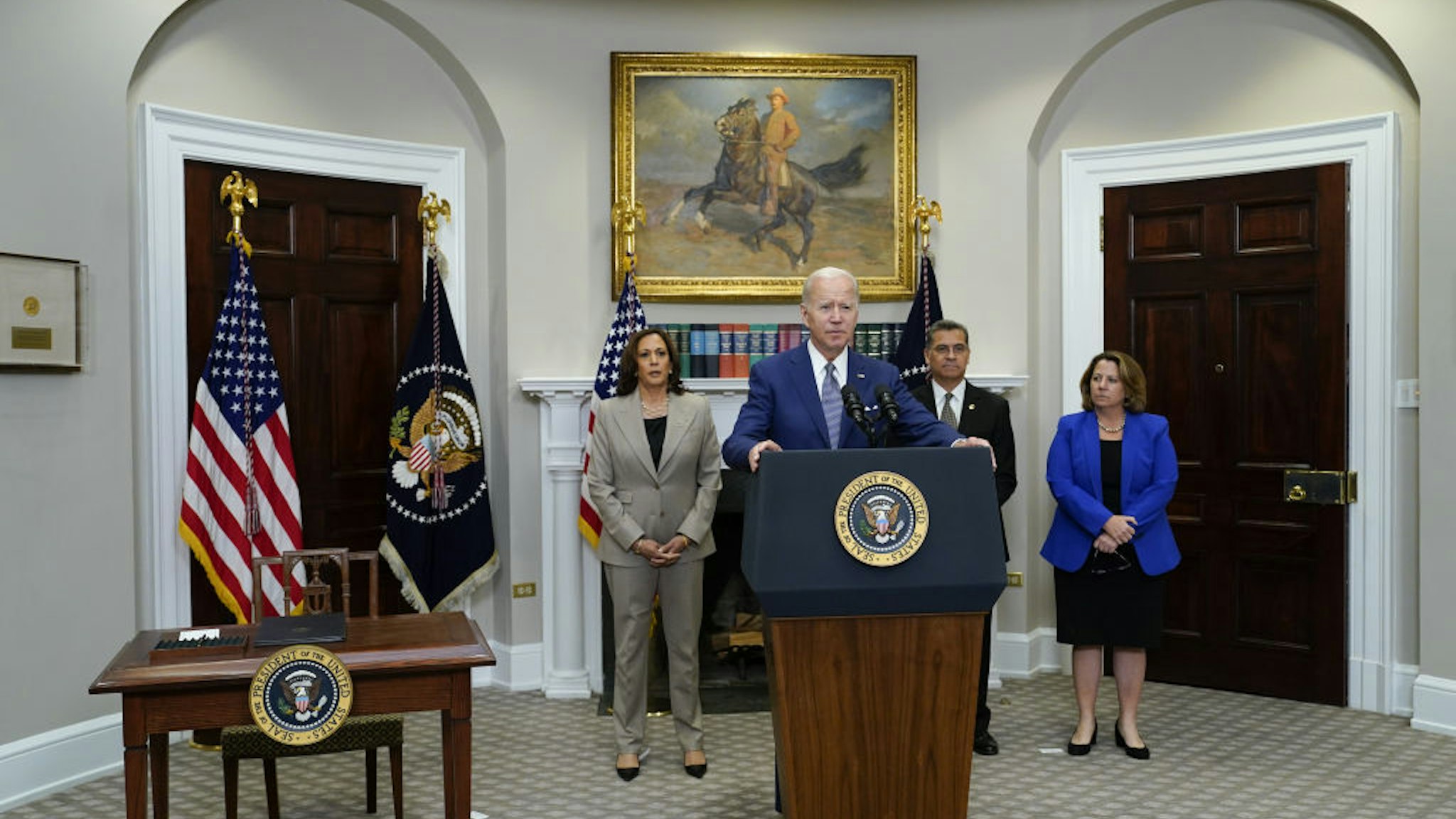US President Joe Biden, center, speaks in the Roosevelt Room of the White House in Washington, D.C., US, on Friday, July 8, 2022. Biden issued an executive order intended to preserve access to abortion after advocates and Democratic lawmakers have demanded that the White House take more robust action following last month's Supreme Courts decision to overturn Roe v. Wade.
