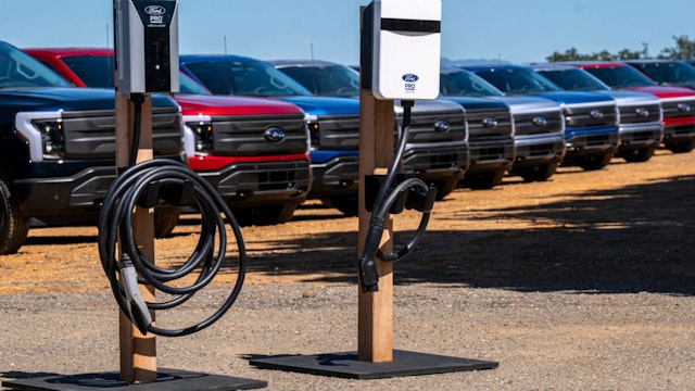 Ford electric vehicle chargers during a media event at Vino Farms in Healdsburg, California, US, on Friday, May 20, 2022