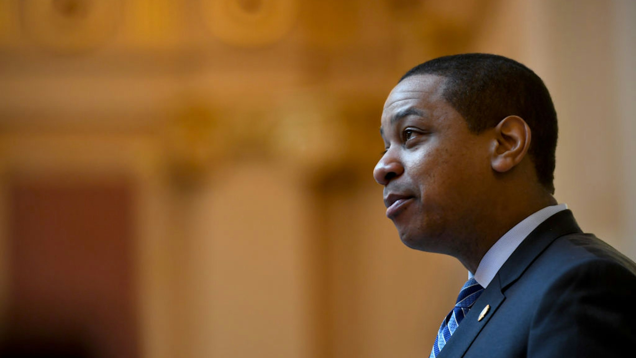 Virginia Lt. Gov. Justin Fairfax presides over the Senate proceedings February 08, 2019 in Richmond, VA. Facing two sexual assault allegations, Fairfax has called for an investigation saying the acts were consensual.