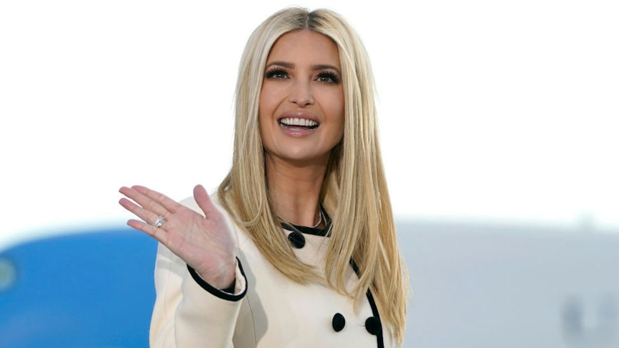 Ivanka Trump waves as she arrives at Joint Base Andrews in Maryland for US President Donald Trump's departure on January 20, 2021.