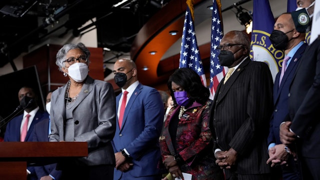 WASHINGTON, DC - JANUARY 12: At left, Chair of the Congressional Black Caucus Rep. Joyce Beatty (D-OH) speaks during a news conference at the U.S. Capitol on January 12, 2022 in Washington, DC.
