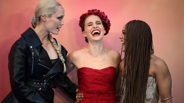 French actor Pom Klementieff (L), US actress Natalie Portman (C) and US actress Tessa Thompson pose on the red carpet on arrival to attend the UK Gala Screening of the film 'Thor: Love and Thunder', at the Odeon Luxe in London on July 5, 2022.