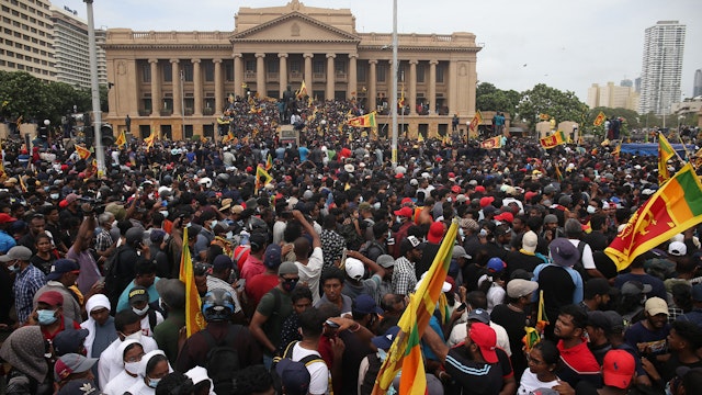 Protesters gather inside the premises of the Presidential Secretariat to demand the resignation of Sri Lankan President Gotabaya Rajapaksa, on July 09, 2022, in Colombo, Sri Lanka.