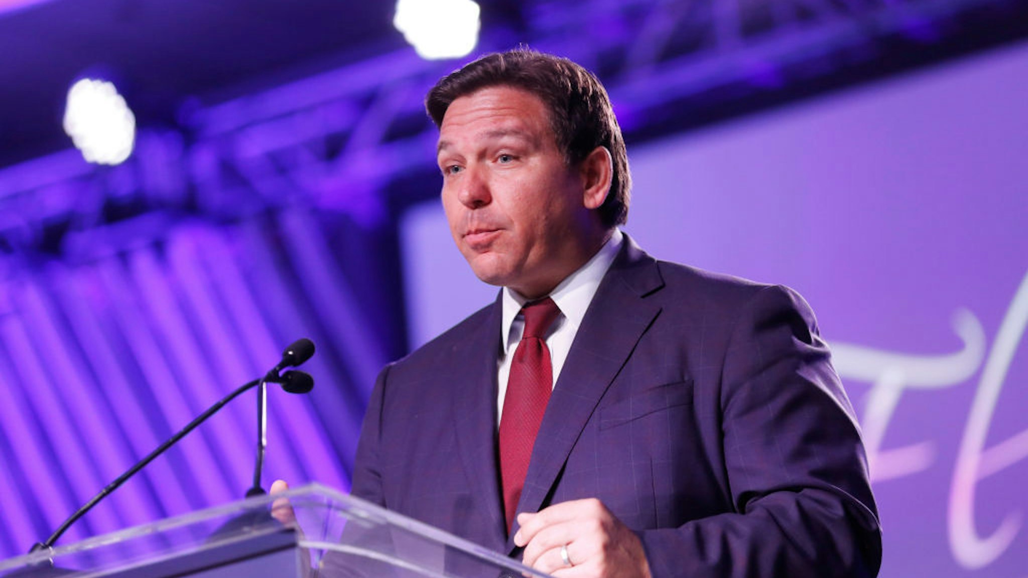 TAMPA, FL - JULY 15: Florida Governor Ron DeSantis speaks during the inaugural Moms For Liberty Summit at the Tampa Marriott Water Street on July 15, 2022 in Tampa, Florida. DeSantis is up for reelection in the 2022 Gubernatorial race against Democratic frontrunner Rep. Charlie Crist (D-FL). (Photo by Octavio Jones/Getty Images)
