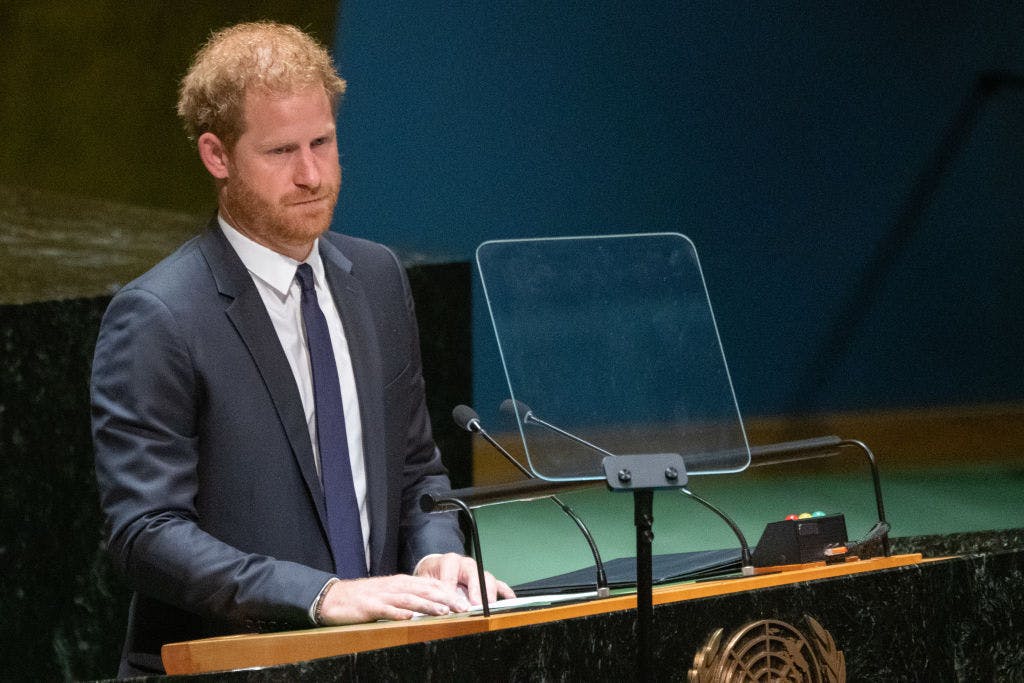 NEW YORK, NY - JULY 18: Prince Harry, Duke of Sussex, speaks at the United Nations General Assembly on Nelson Mandela International Day at U.N. headquarters on July 18, 2022 in New York City. Nelson Mandela International Day was officially declared by the United Nations in November of 2009 and was first celebrated on July 18, 2010. The 2020 U.N. Nelson Mandela Prize is being awarded to Mrs. Marianna Vardinogiannis of Greece and Dr. Morissanda Kouyaté of Guinea. (Photo by David Dee Delgado/Getty Images)