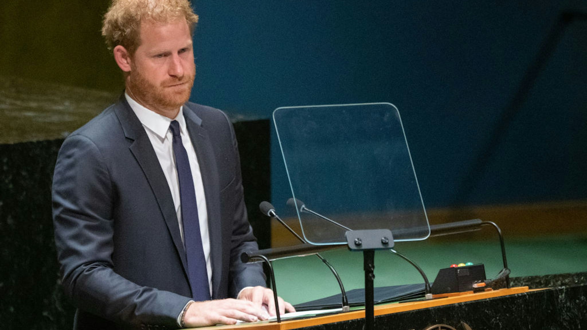 NEW YORK, NY - JULY 18: Prince Harry, Duke of Sussex, speaks at the United Nations General Assembly on Nelson Mandela International Day at U.N. headquarters on July 18, 2022 in New York City. Nelson Mandela International Day was officially declared by the United Nations in November of 2009 and was first celebrated on July 18, 2010. The 2020 U.N. Nelson Mandela Prize is being awarded to Mrs. Marianna Vardinogiannis of Greece and Dr. Morissanda Kouyaté of Guinea. (Photo by David Dee Delgado/Getty Images)