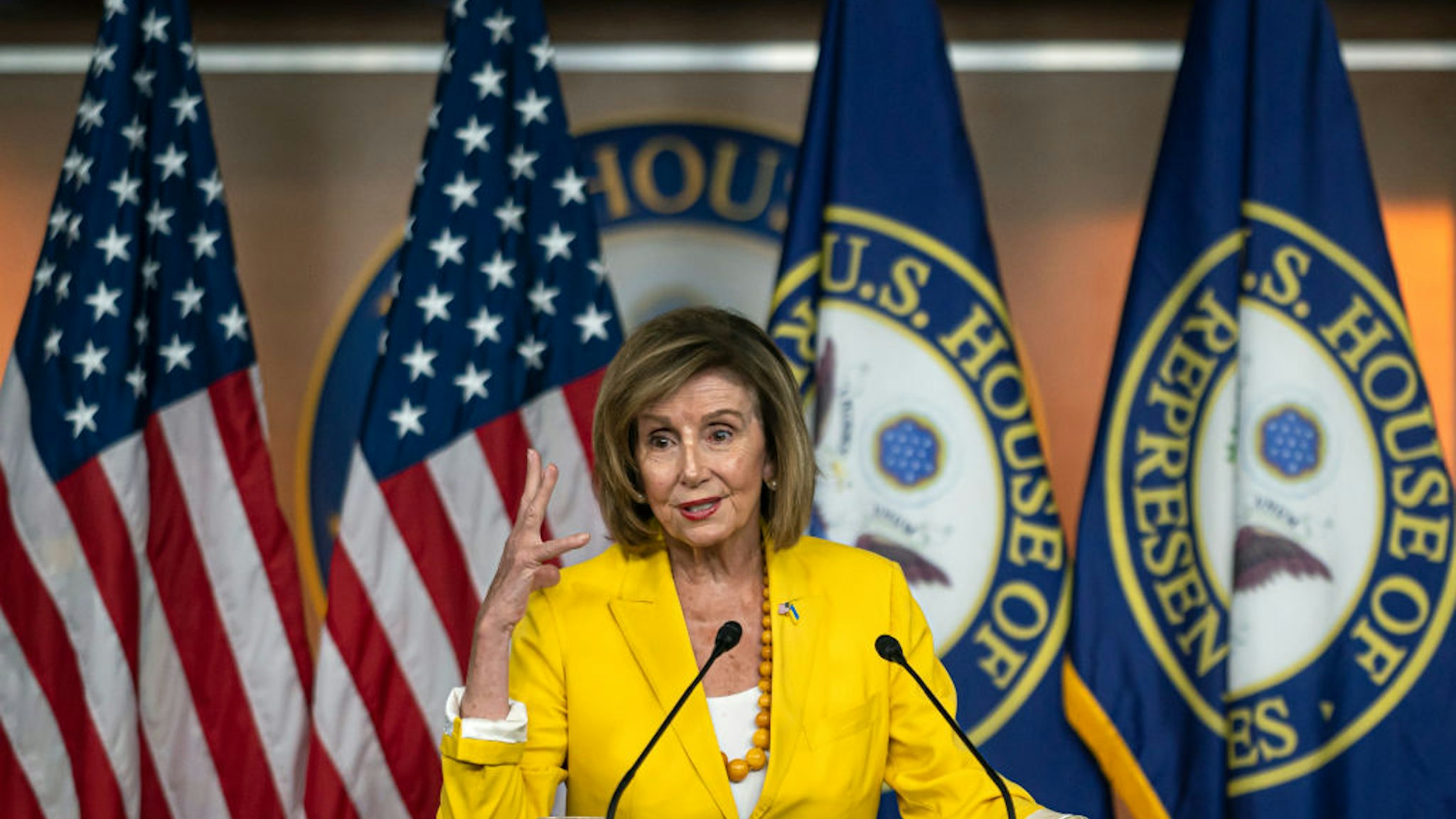 WASHINGTON, DC - JULY 21: U.S. Speaker of the House Nancy Pelosi (D-CA) holds her weekly press conference at the U.S. Capitol on July 21, 2022 in Washington, DC. Pelosi was asked about President Bidens COVID-19 diagnosis, reproductive rights, and the recent joint session with Ukrainian first lady Olena Zelenska.