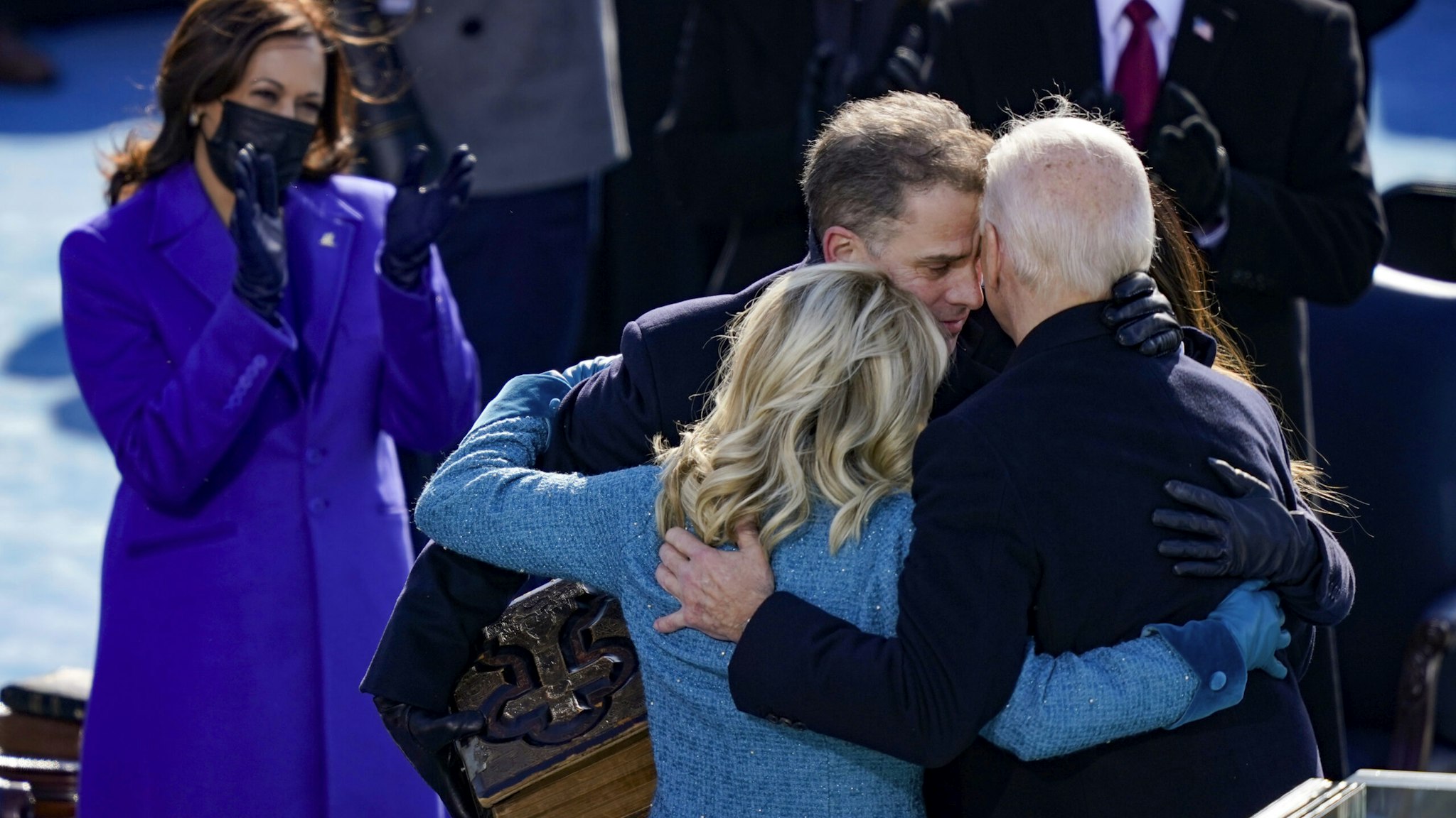 U.S. President Joe Biden embraces his family First Lady Dr. Jill Biden, son Hunter Biden and daughter Ashley after being sworn in during his inauguation on the West Front of the U.S. Capitol on January 20, 2021 in Washington, DC. During today's inauguration ceremony Joe Biden becomes the 46th president of the United States.