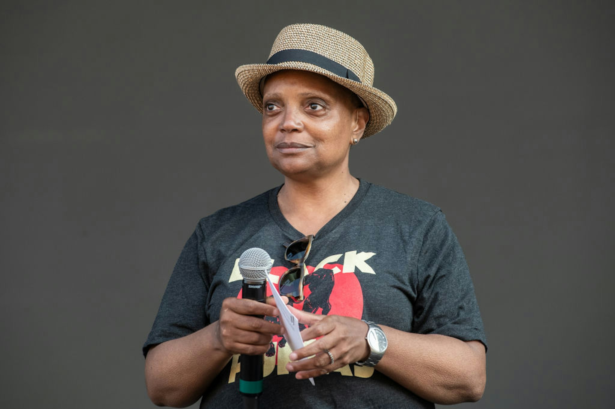 CHICAGO, ILLINOIS - JULY 29: Chicago Mayor Lori Lightfoot appears on stage during Lollapalooza 2021 at Grant Park on July 29, 2021 in Chicago, Illinois. (Photo by Timothy Hiatt/WireImage)