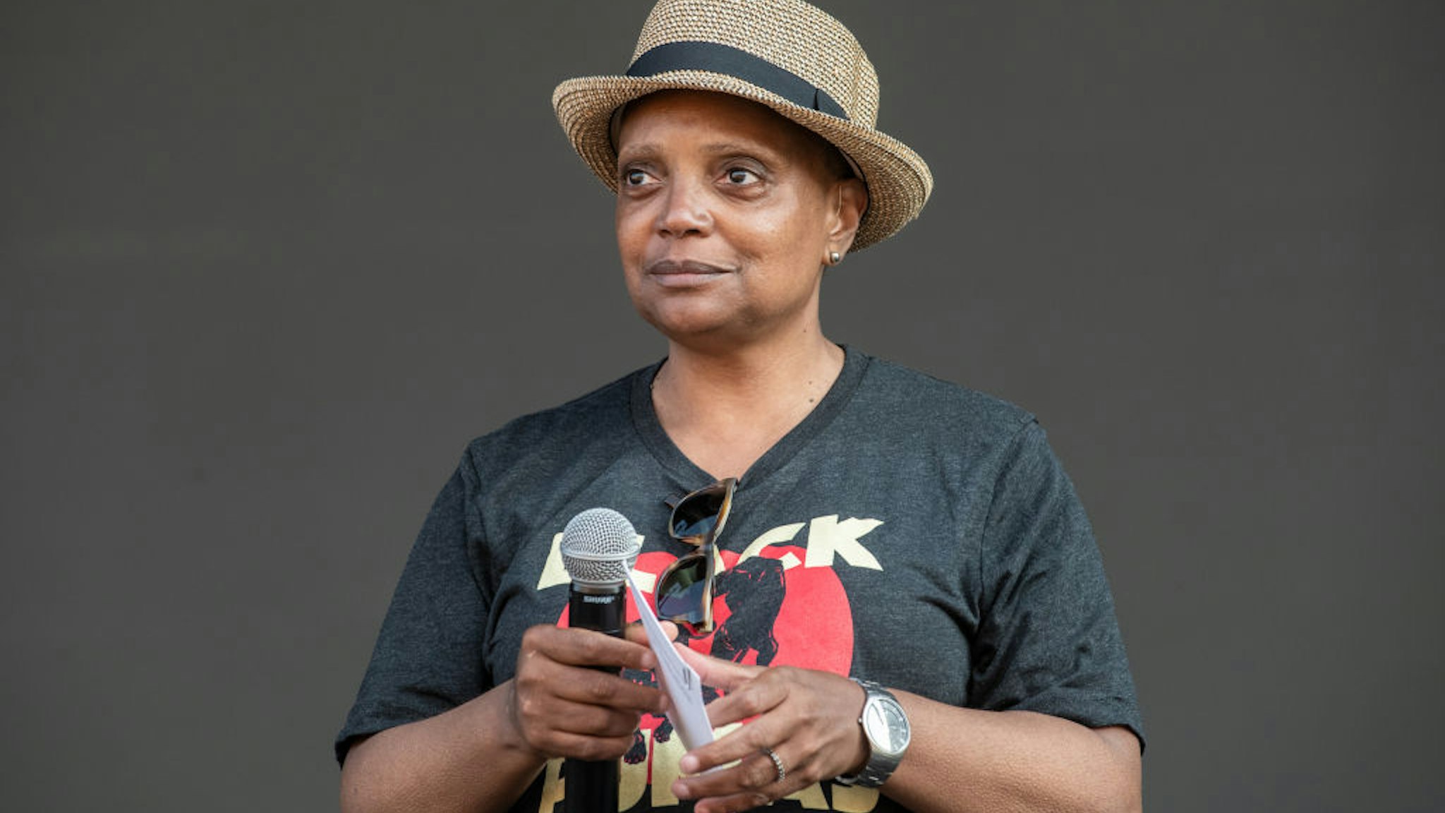 CHICAGO, ILLINOIS - JULY 29: Chicago Mayor Lori Lightfoot appears on stage during Lollapalooza 2021 at Grant Park on July 29, 2021 in Chicago, Illinois. (Photo by Timothy Hiatt/WireImage)
