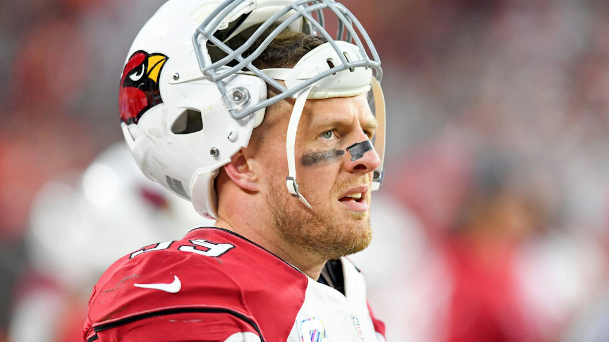 CLEVELAND, OH - OCTOBER 17: J.J. Watt #99 of the Arizona Cardinals looks on in the fourth quarter against the Cleveland Browns at FirstEnergy Stadium on October 17, 2021 in Cleveland, Ohio. (Photo by Nick Cammett/Diamond Images via Getty Images)