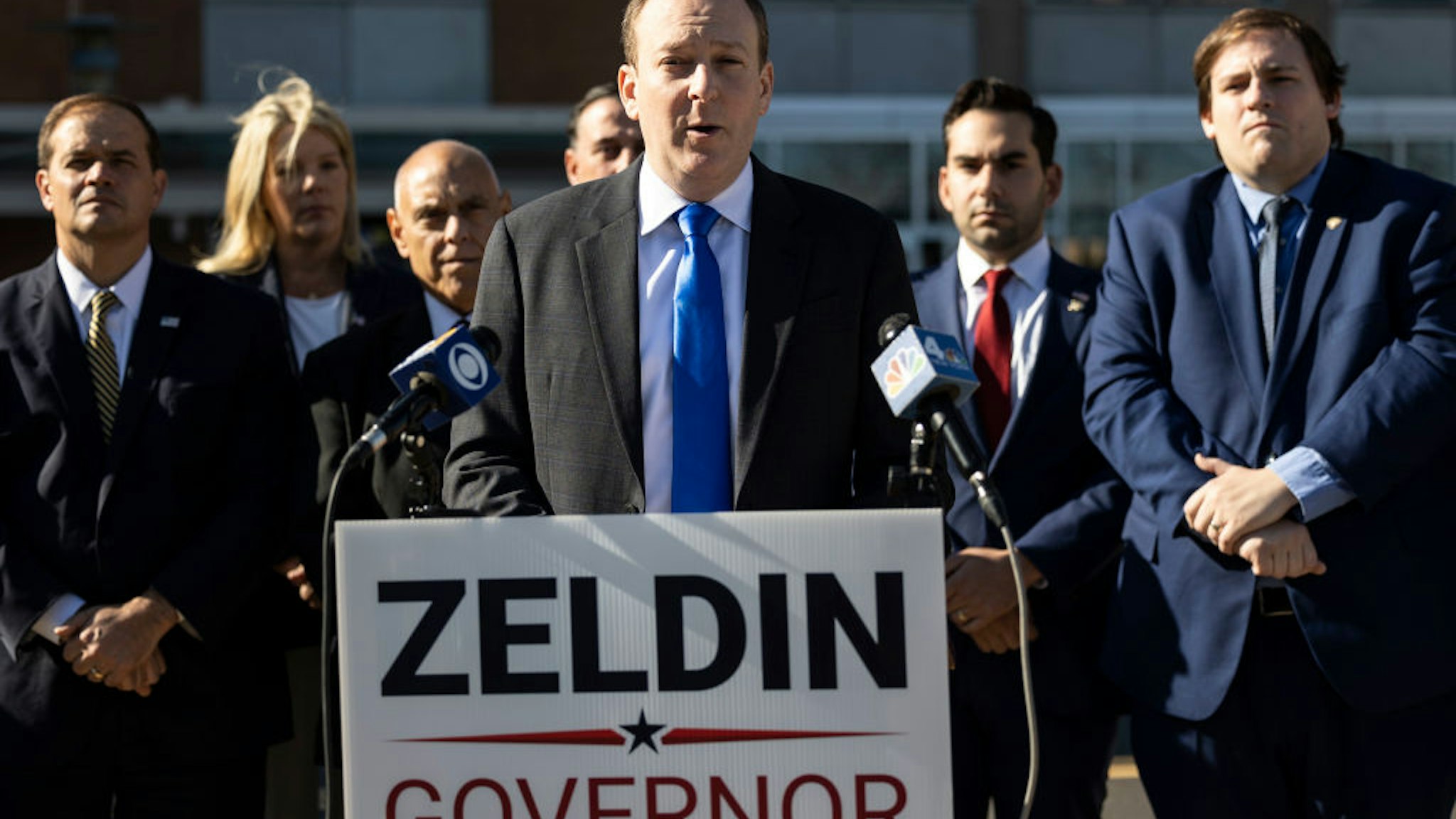 Central Islip, N.Y.: Congressman Lee Zeldin is joined by elected officials as they demand the demand a repeal of the cashless bail law on Nov. 10, 2021 in Central Islip, New York.