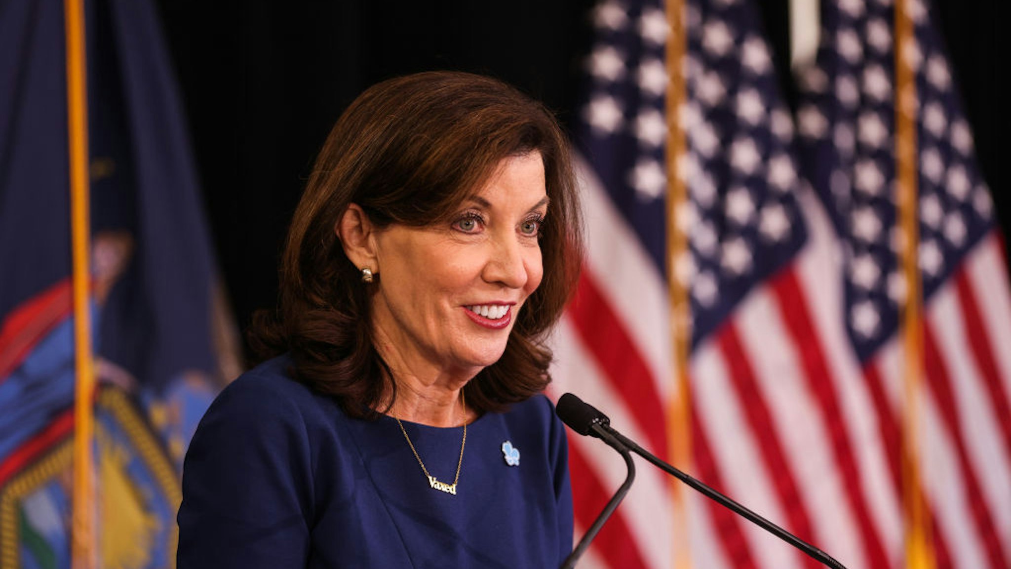 Westbury, N.Y.: New York State Governor Kathy Hochul speaking during a press event at the "Yes We Can" center in Westbury, New York on Oct. 28, 2021. (Photo by Steve Pfost/Newsday RM via Getty Images)