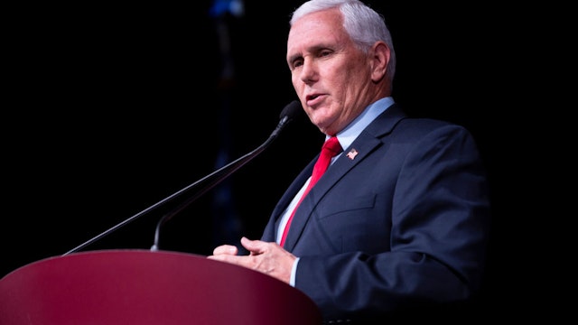 STANFORD, CA - FEB. 17: Former Vice President Mike Pence speaks at Stanford University's Dinkelspiel Auditorium, Thursday, Feb. 17, 2022, in Stanford, Calif. The Stanford College Republicans hosted the former vice president in an event titled "How to Save America from the Woke Left."