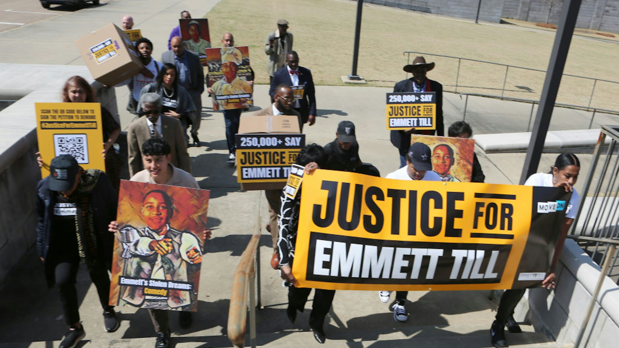 Members of the Emmett Till Legacy Foundation march from the Mississippi State Capitol building onto the the steps of Walter Sillers Building to hand deliver over 300,000 signatures to Lynn Fitch (Mississippi State Attorney General) on March 11, 2022 in Jackson, Mississippi.