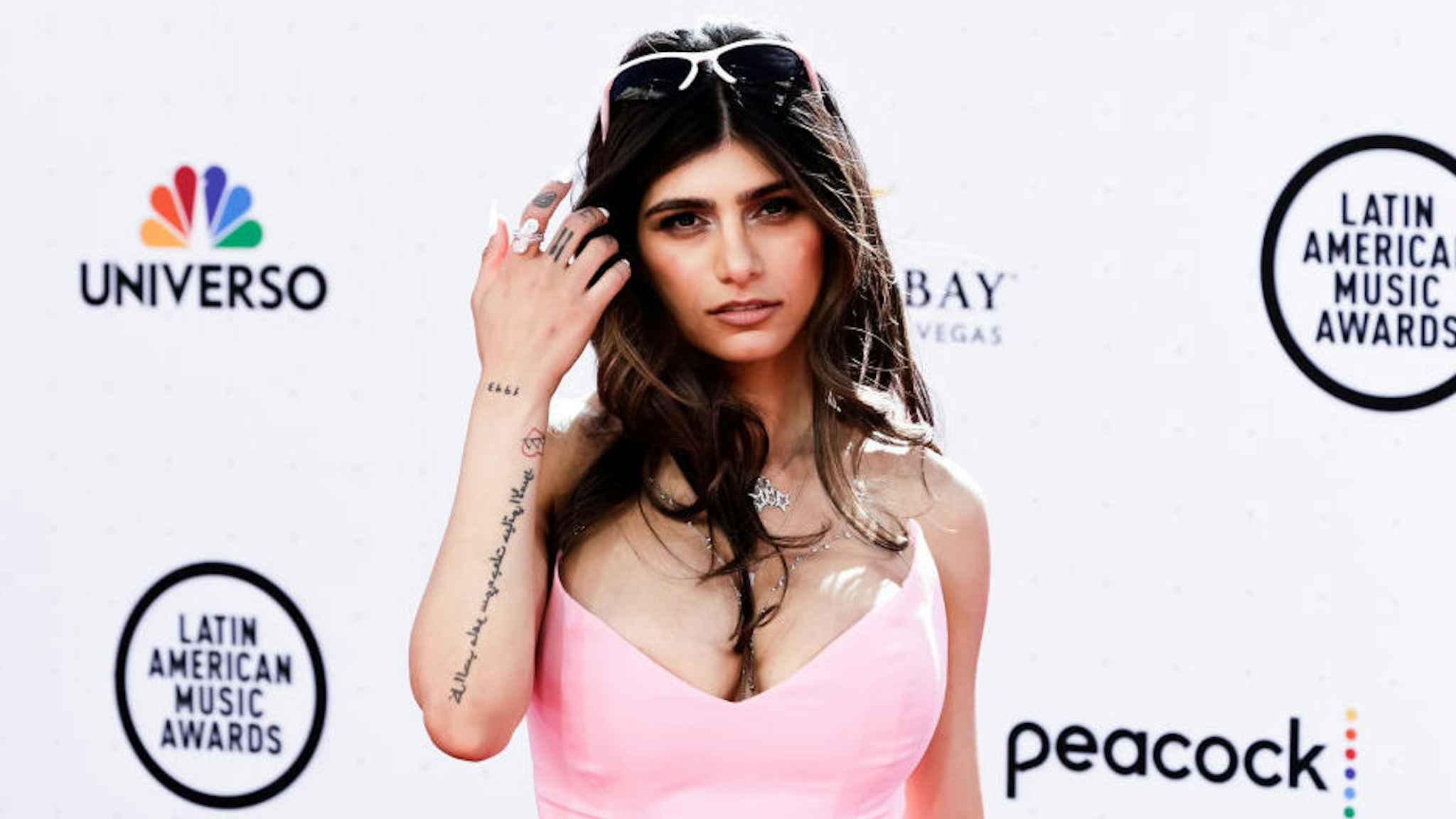 Mia Khalifa arrives at the 2022 Latin American Music Awards at Michelob ULTRA Arena on April 21, 2022 in Las Vegas, Nevada.