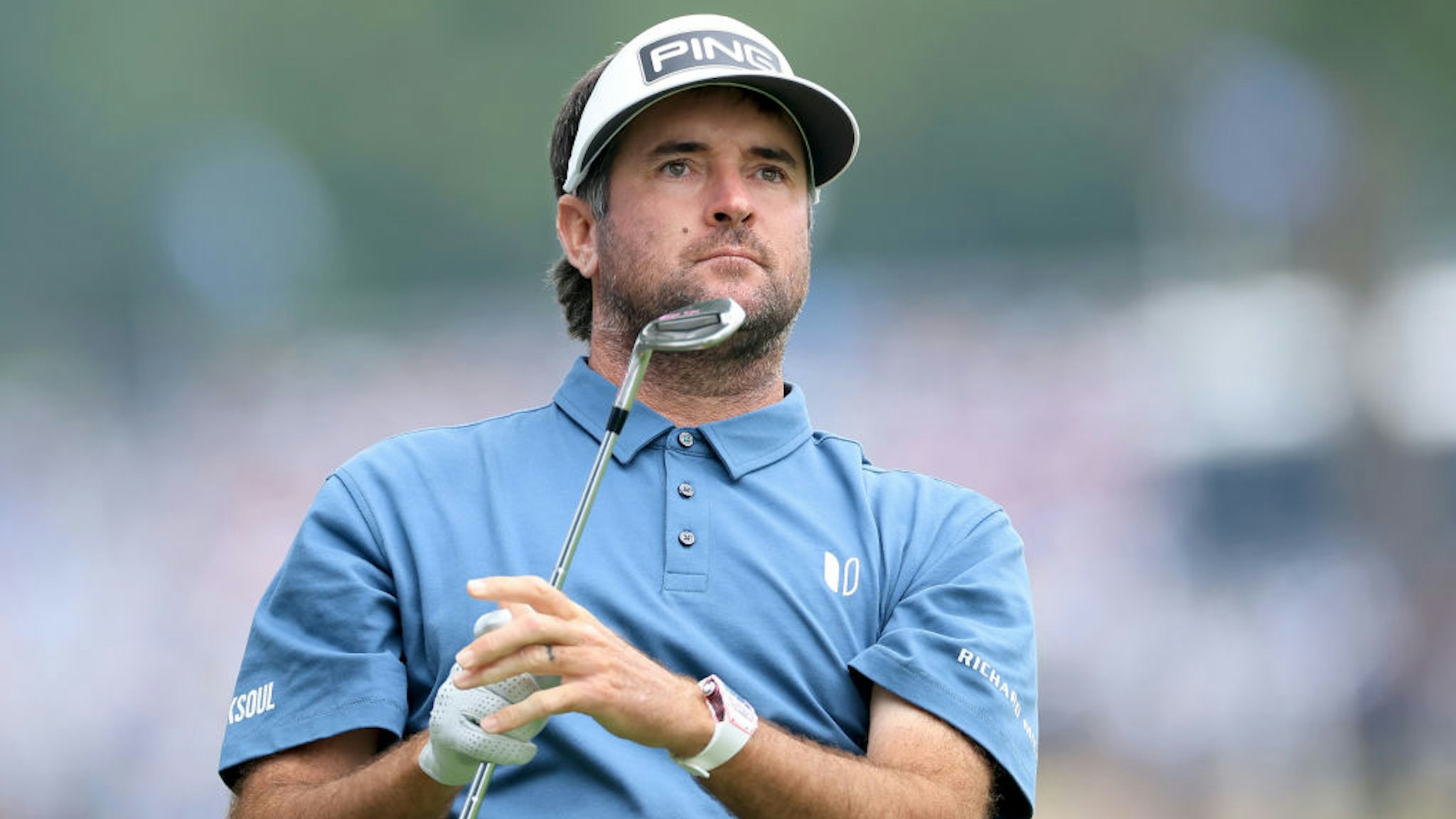 TULSA, OKLAHOMA - MAY 22: Bubba Watson of The United States plays his second shot on the second hole during the final round of the 2022 PGA Championship at Southern Hills Country Club on May 22, 2022 in Tulsa, Oklahoma. (Photo by David Cannon/Getty Images)