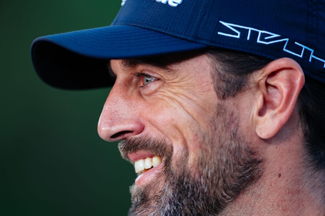 LAS VEGAS, NEVADA - JUNE 01: Aaron Rodgers reacts during Capital One's The Match VI - Brady &amp; Rodgers v Allen &amp; Mahomes at Wynn Golf Club on June 01, 2022 in Las Vegas, Nevada. (Photo by Carmen Mandato/Getty Images for The Match)
