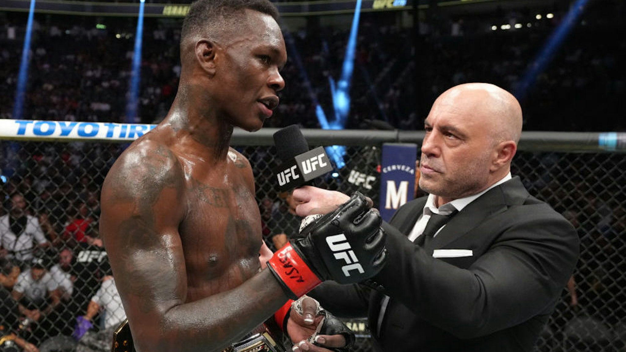 Israel Adesanya of Nigeria reacts to his win over Jared Cannonier in the UFC middleweight championship fight during the UFC 276 event at T-Mobile Arena on July 02, 2022 in Las Vegas, Nevada.