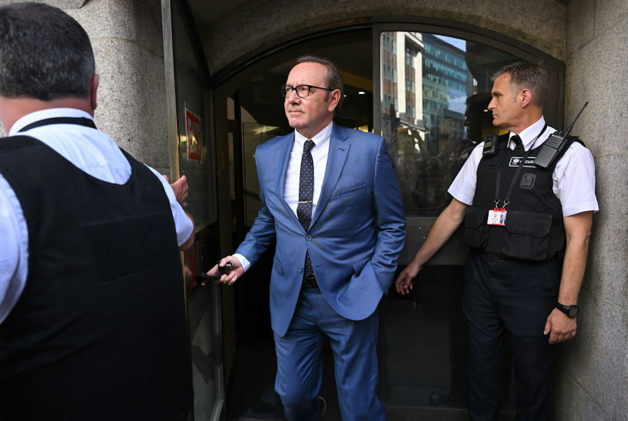 LONDON, ENGLAND - JULY 14: Actor Kevin Spacey leaves the Old Bailey Central Criminal Court on July 14, 2022 in London, England. The Hollywood actor faces four counts of sexual assault against three men and one count of causing a person to engage in penetrative sexual activity without consent. The charges follow a review of evidence gathered by the Metropolitan Police. (Photo by Karwai Tang/WireImage)