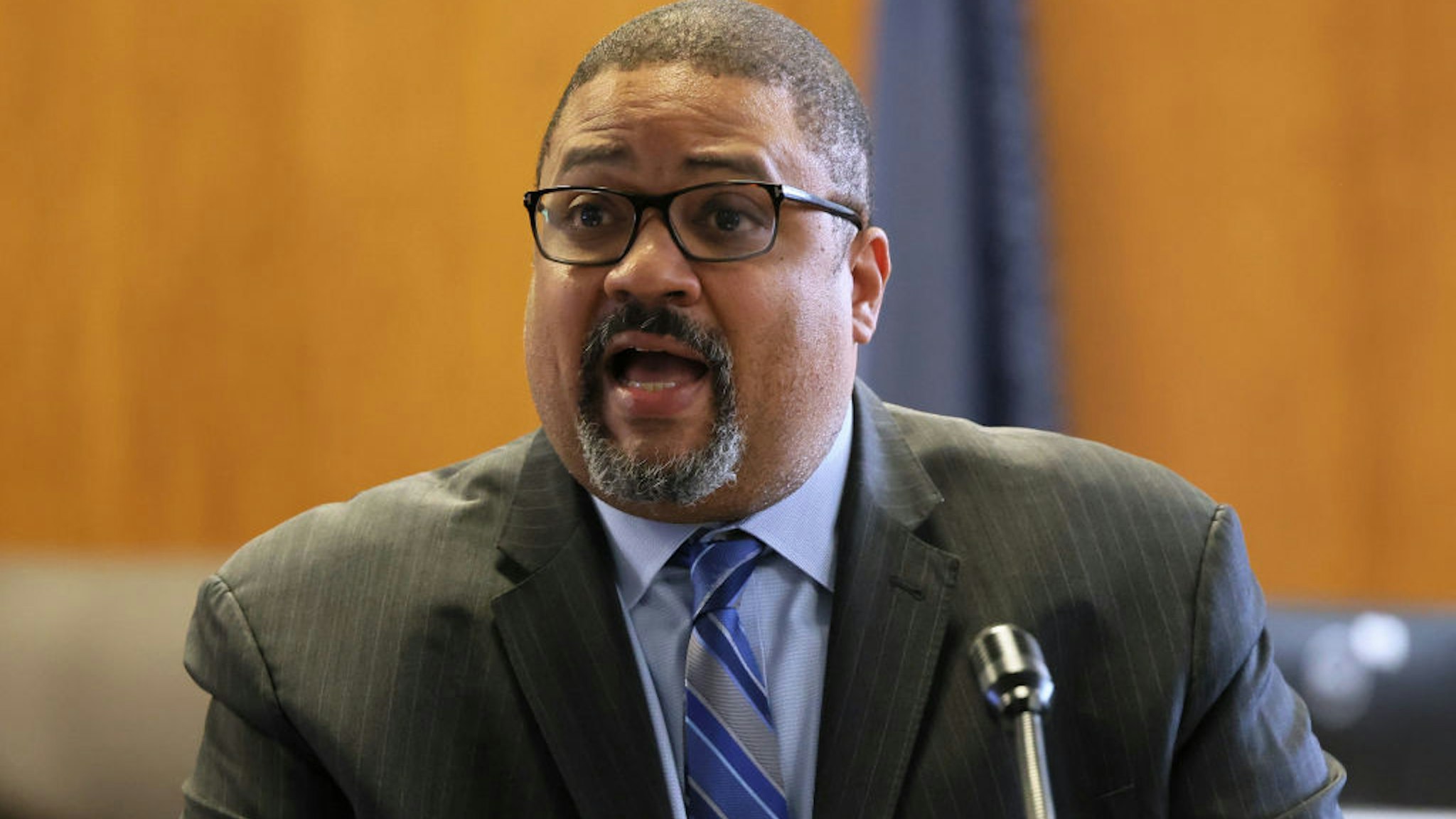 Manhattan District Attorney Alvin L. Bragg, Jr. speaks during a press conference regarding Steven Lopez and the Central Park jogger case at New York State Supreme Court on July 25, 2022 in New York City.