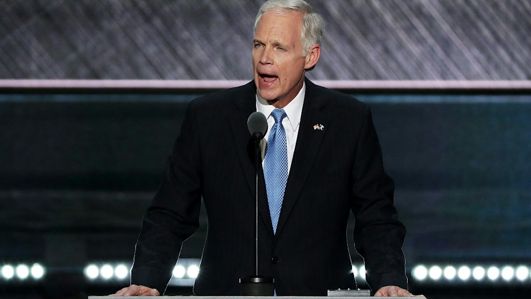 CLEVELAND, OH - JULY 19: Sen. Ron Johnson (R-WI) delivers a speech on the second day of the Republican National Convention on July 19, 2016 at the Quicken Loans Arena in Cleveland, Ohio. Republican presidential candidate Donald Trump received the number of votes needed to secure the party's nomination. An estimated 50,000 people are expected in Cleveland, including hundreds of protesters and members of the media. The four-day Republican National Convention kicked off on July 18.