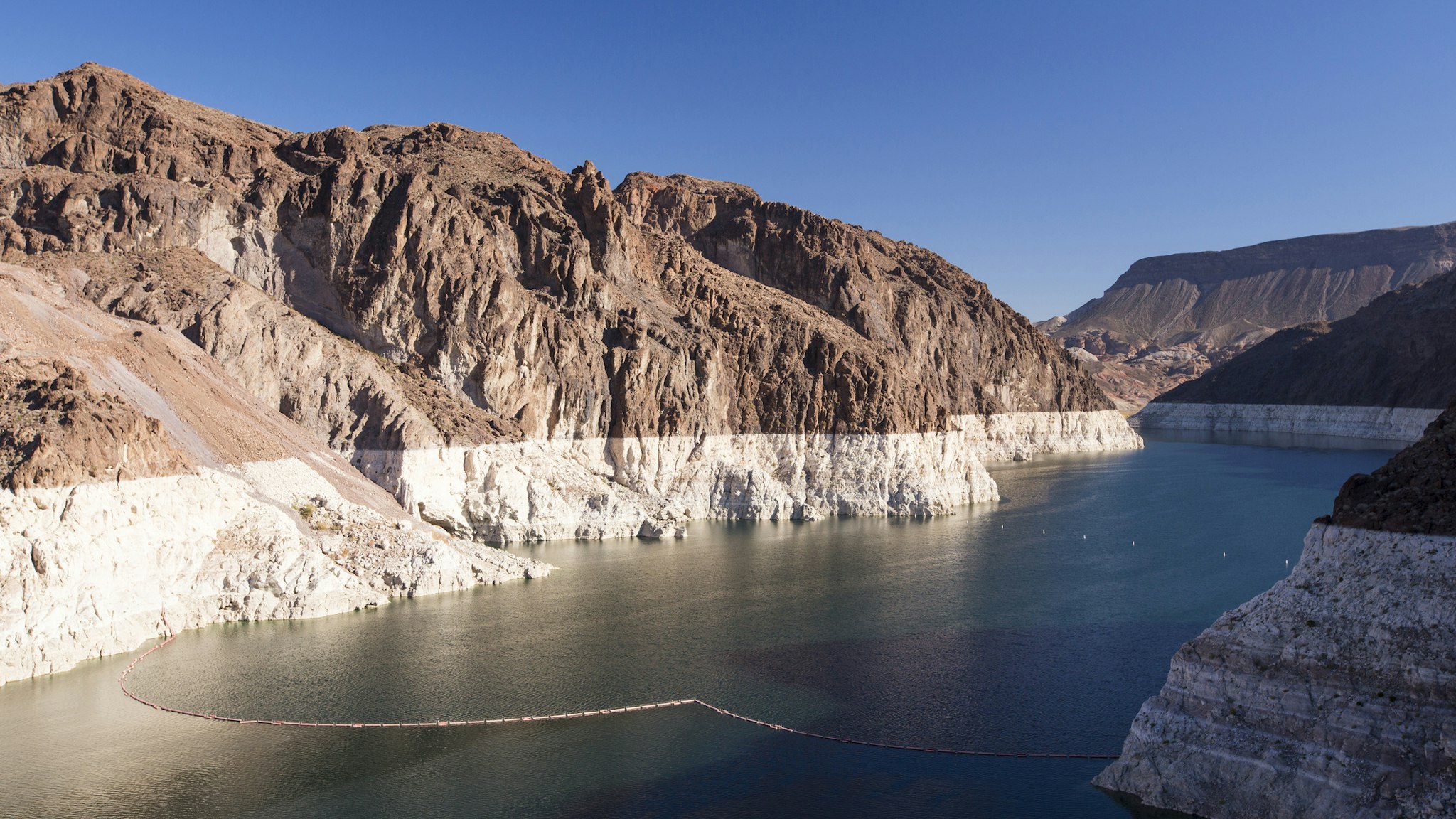 Lake Mead at exceptionally low levels following the four year long drought, with the obvious level that the lake used to be at, Nevada, USA.