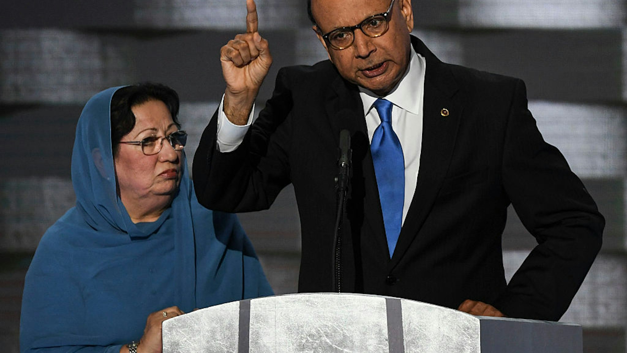 PHILADELPHIA, PA - JULY 28: Khzir Khan, the father of fallen soldier Humayun Kahn, addresses the crowd during the final day of the Democratic National Convention in Philadelphia on Thursday, July 28, 2016. (Photo by Toni L. Sandys/The Washington Post via Getty Images)