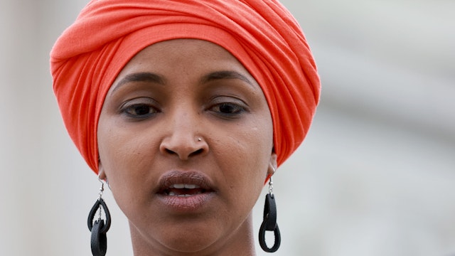 WASHINGTON, DC - JUNE 14: Rep. Ilhan Omar (D-MN) speaks during a press conference held outside of the U.S. Capitol Building on June 14, 2022 in Washington, DC. Rep. Omar spoke about a global and domestic food crisis.