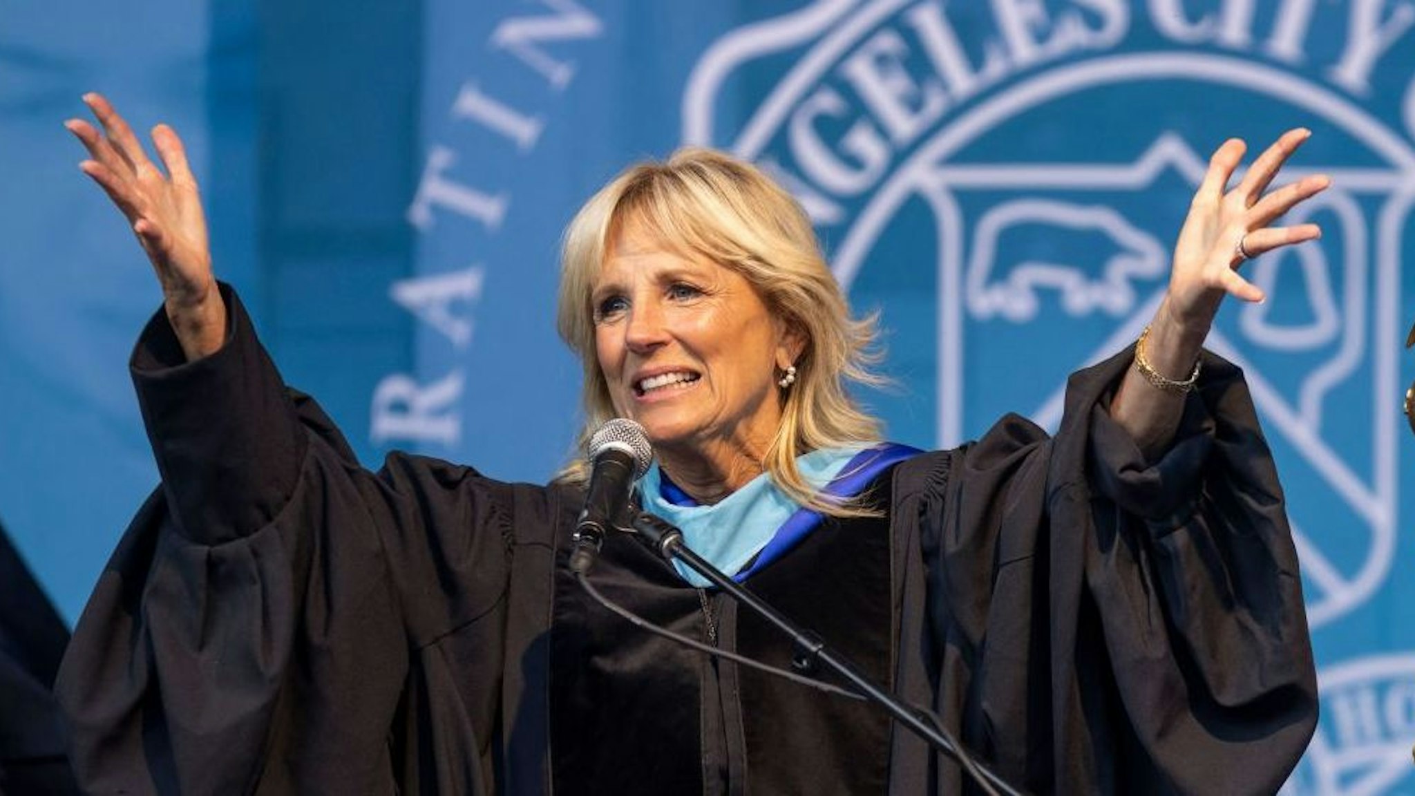 US First lady Jill Biden delivers the keynote address at the Los Angeles City College commencement ceremony at the Greek Theater in Los Angeles, California on June 7, 2022. - The First Lady is also attending events at the Ninth Summit of the Americas, occurring this week, June 6-10, in Los Angeles.