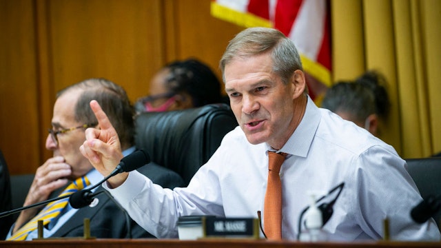 Representative Jim Jordan, a Republican from Ohio and ranking member of the House Judiciary Committee, right, speaks as Representative Jerrold Nadler, a Democrat from New York and chairman of the House Judiciary Committee, left, listens during a markup of "Protecting Our Kids Act" in Washington, D.C., US, on Thursday, June 2, 2022. The markup comes following another mass shooting Wednesday where four people were killed at a Tulsa medical building on a hospital campus. Photographer: Al Drago/Bloomberg
