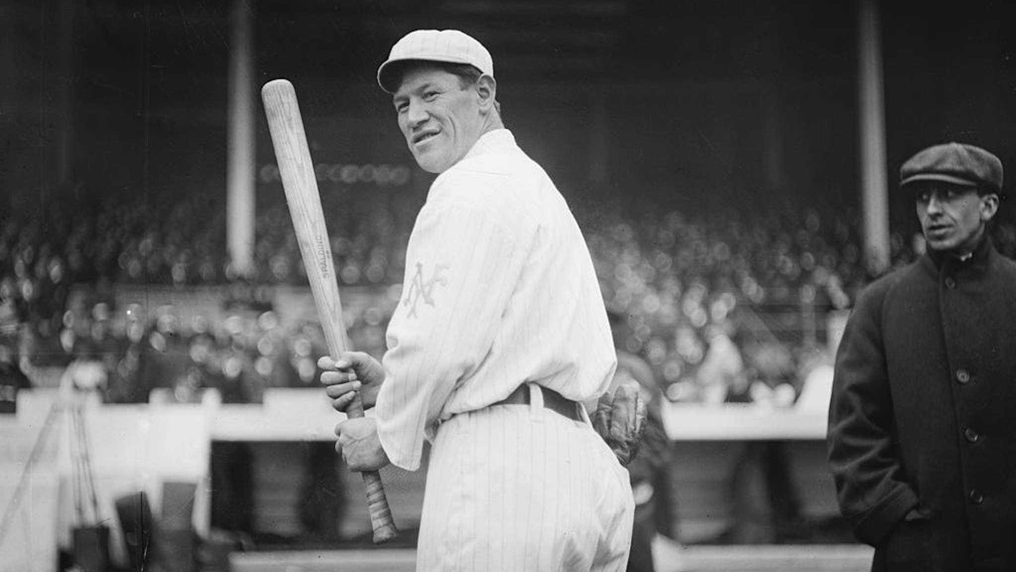 American multi-sport athlete and Olympic gold medalist Jim Thorpe (1888 - 1953), here of the New York Giants baseball team, waits for a pitch during a game at the Polo Grounds, New York, New York, 1913. (Photo by Bain News Service/Interim Archives/Getty Images)