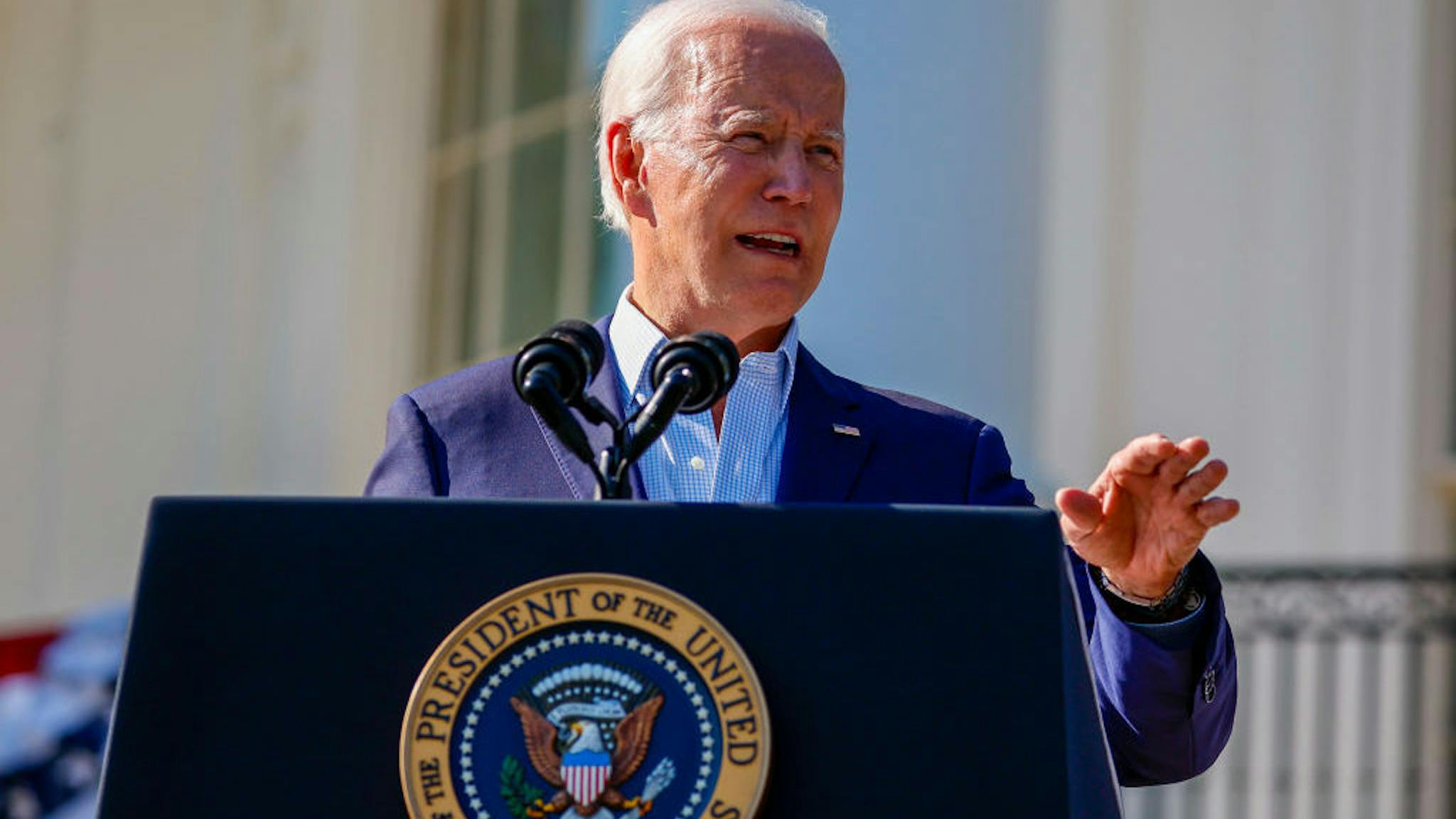 Joe Biden WASHINGTON, DC - JULY 04: U.S. President Joe Biden speaks at the White House on July 04, 2022 in Washington, DC. Biden and first lady Jill Biden were hosting a Fourth of July BBQ and concert with military families and other guests on the south lawn of the White House. (Photo by Tasos Katopodis/Getty Images)