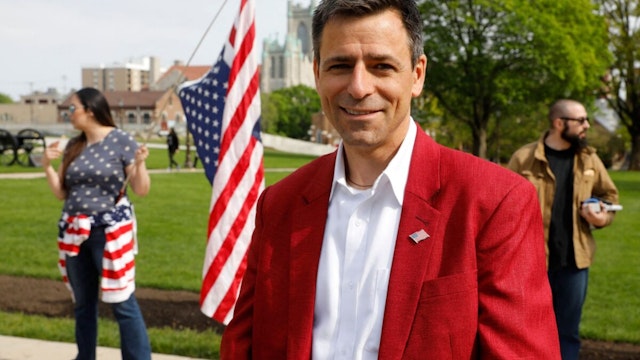 Ryan Kelley, Republication candidate for Governor, attends a Freedom Rally in support of First Amendment rights and to protest against Governor Gretchen Whitmer, outside the Michigan State Capitol in Lansing, Michigan on May 15, 2021