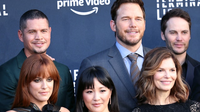 Riley Keough, Constance Wu, Jeanne Tripplehorn, Alexis Louder and (L-R, back) JD Pardo, Chris Pratt, Taylor Kitsch and Jared Shaw attend "The Terminal List" Los Angeles premiere at the DGA Theater Complex on June 22, 2022 in Los Angeles, California