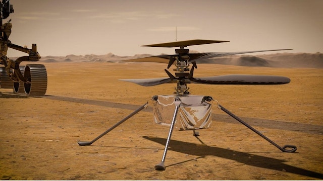 In this concept illustration provided by NASA, NASA's Ingenuity Mars Helicopter stands on the Red Planet's surface as NASA's Mars 2020 Perseverance rover (partially visible on the left) rolls away. NASA's Perseverance (Mars 2020) rover will store rock and soil samples in sealed tubes on the planet's surface for future missions to retrieve in the area known as Jezero crater on the planet Mars.