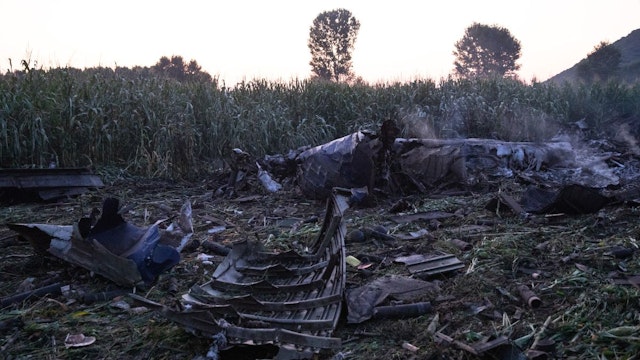 Debris of an Antonov-12 cargo plane that crashed near Antifilippoi, Kavala, northern Greece on July 17, 2022.