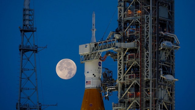NASAs Artemis I Moon rocket sits at Launch Pad Complex 39B at Kennedy Space Center, in Cape Canaveral, Florida, on June 15, 2022.