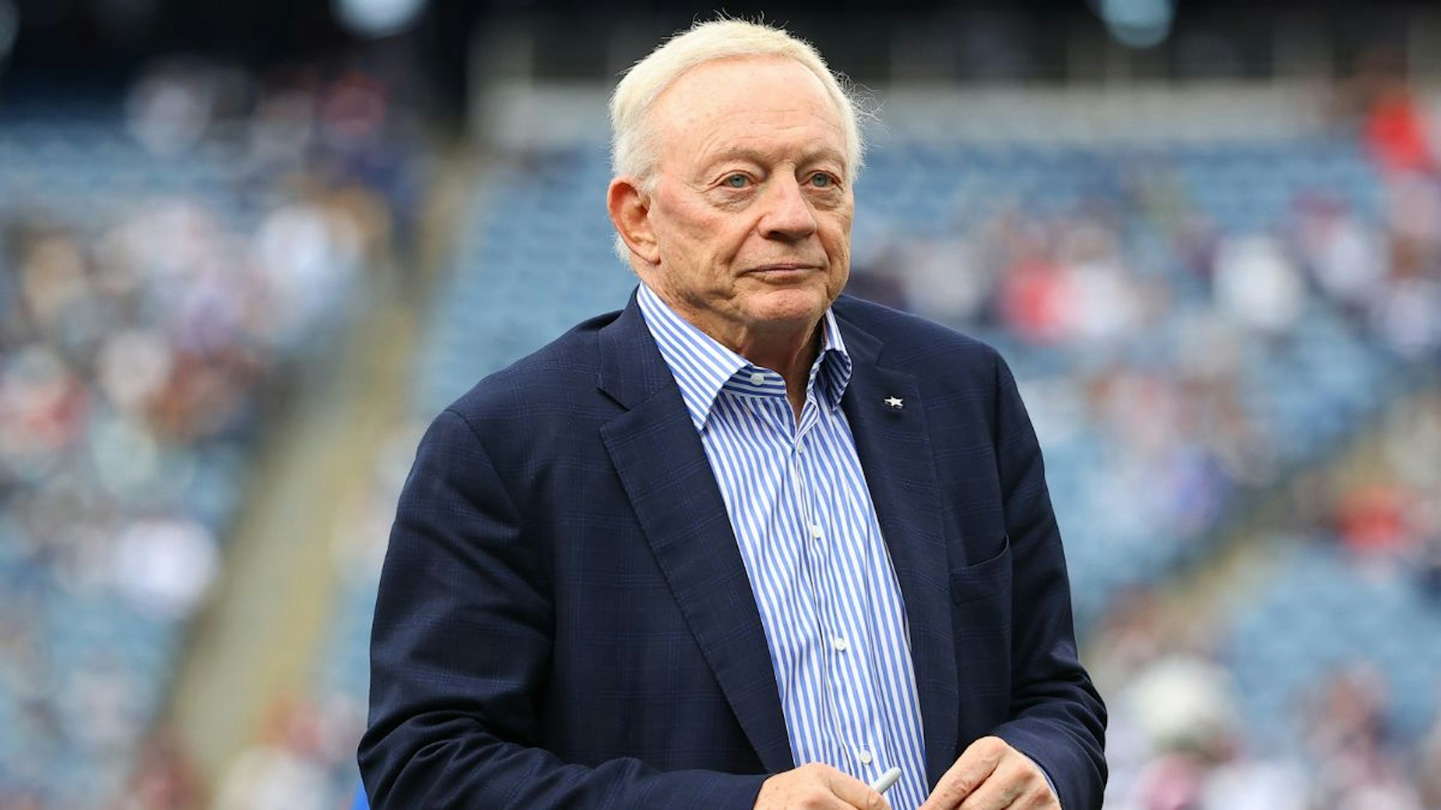 Dallas Cowboys owner Jerry Jones prior to the National Football League game between the New England Patriots and the Dallas Cowboys on October 17, 2021 at Gillette Stadium in Foxborough, MA.
