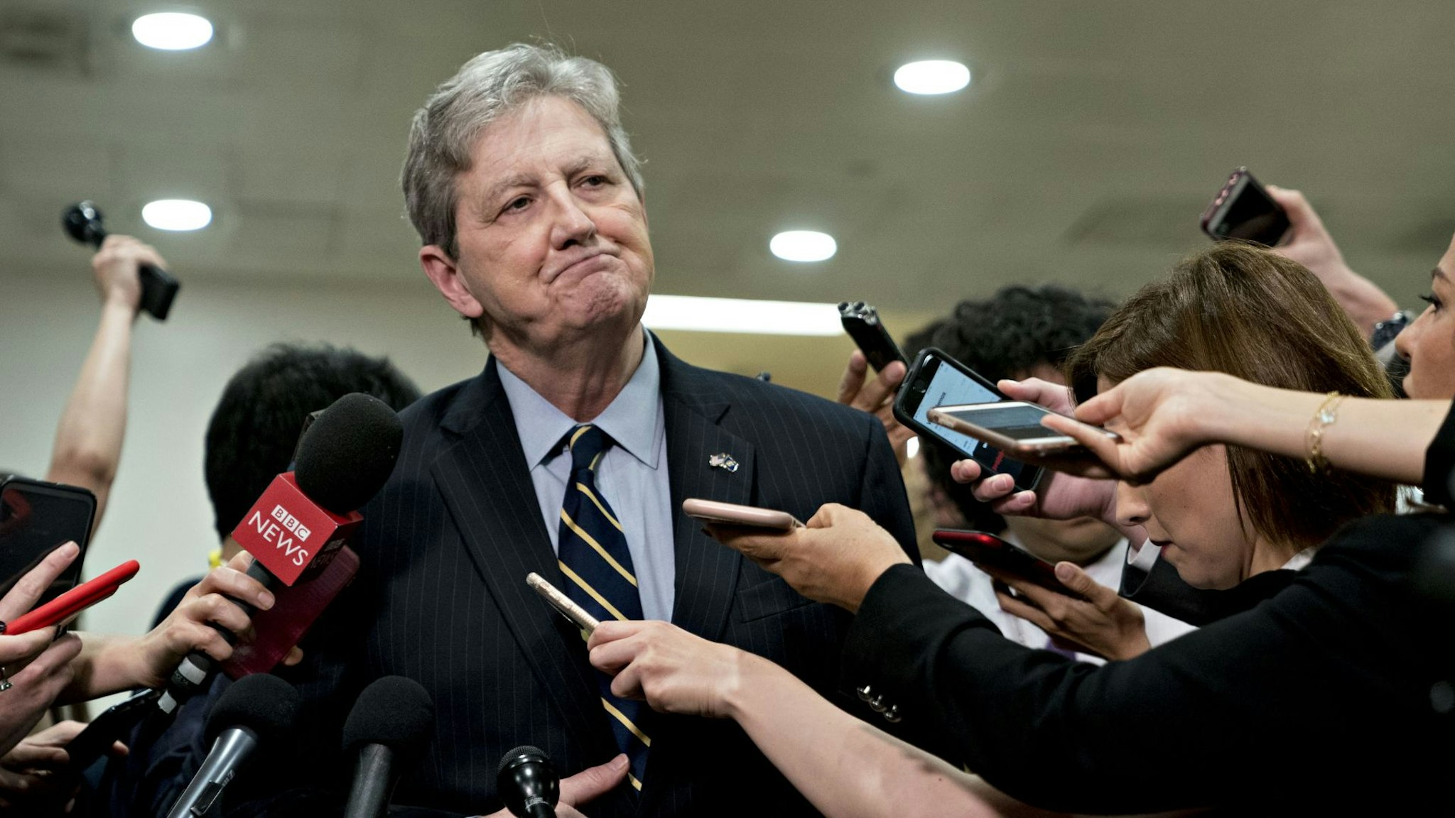 Senator John Kennedy, a Republican from Louisiana, pauses while speaking to members of the media after a briefing on Iran by Secretary of State Mike Pompeo and Acting U.S. Secretary of Defense Patrick Shanahan in the basement of the U.S. Capitol in Washington, D.C., U.S., on Tuesday, May 21, 2019.