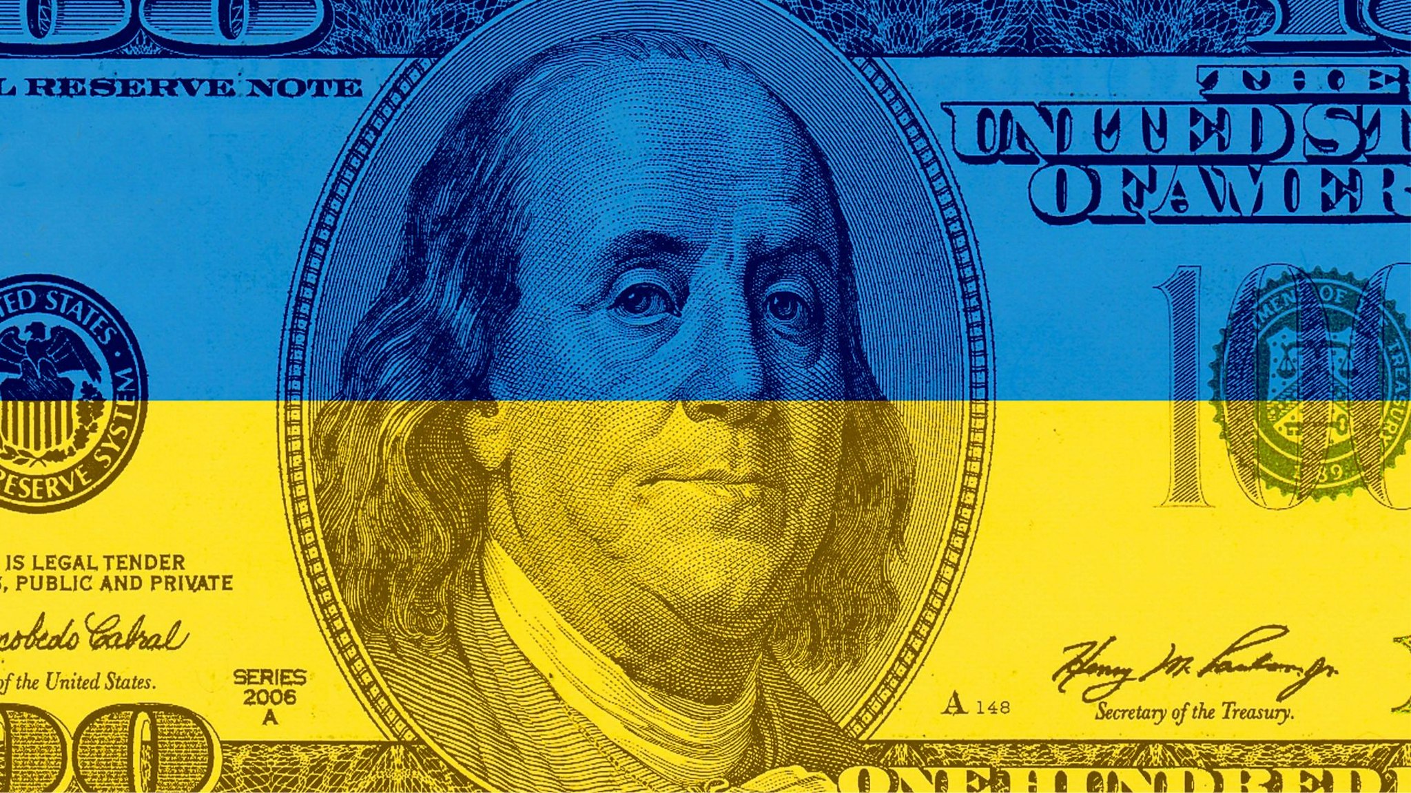 One hundred dollar bill on the background of the Ukrainian flag - stock photo