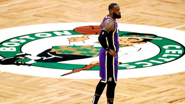 BOSTON, MASSACHUSETTS - JANUARY 30: LeBron James #23 of the Los Angeles Lakers looks on during the first half of the game against the Boston Celtics at TD Garden on January 30, 2021 in Boston, Massachusetts.