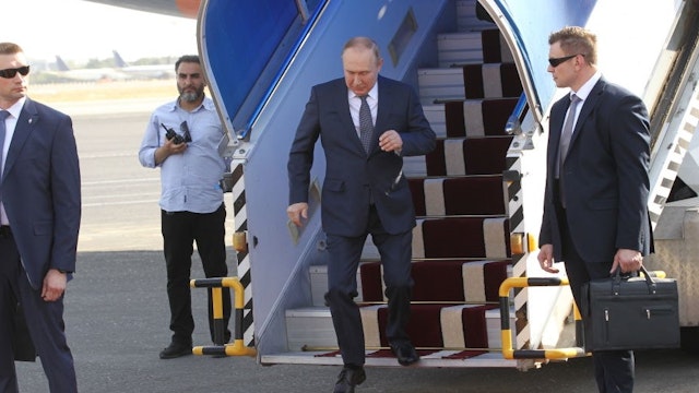 TEHRAN, IRAN - JULY 19: (RUSSIA OUT) Russian President Vladimir Putin leaves his presidential plane during the welcoming ceremony at the airport, on July 19, 2022 in Tehran Iran. Russian President Putin and his Turkish counterpart Erdogan arrived in Iran for the summit. (Photo by