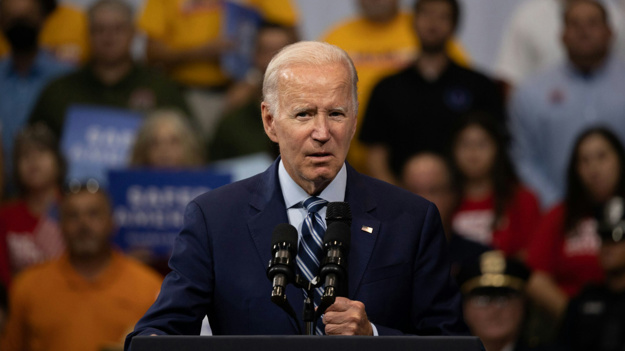 US President Joe Biden speaks at the Arnaud C. Marts Center in Wilkes-Barre, Pennsylvania, US, on Tuesday, Aug. 30, 2022.