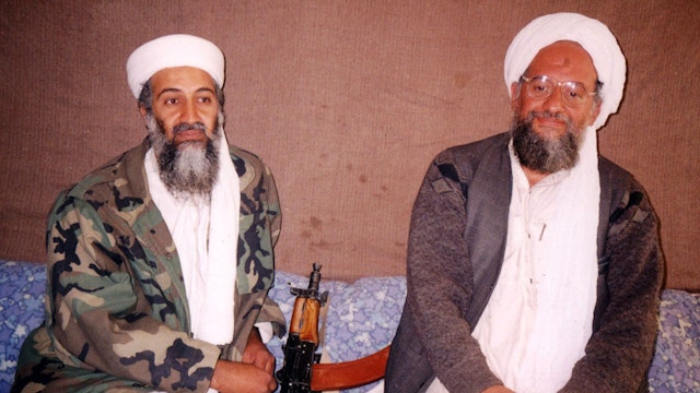 397285 02: UNDATED PHOTO Osama bin Laden (L) sits with his adviser Ayman al-Zawahiri, an Egyptian linked to the al Qaeda network, during an interview with Pakistani journalist Hamid Mir at an undisclosed location in Afghanistan. In the article, which was published November 10, 2001 in Karachi, bin Laden said he had nuclear and chemical weapons and might use them in response to U.S. attacks.