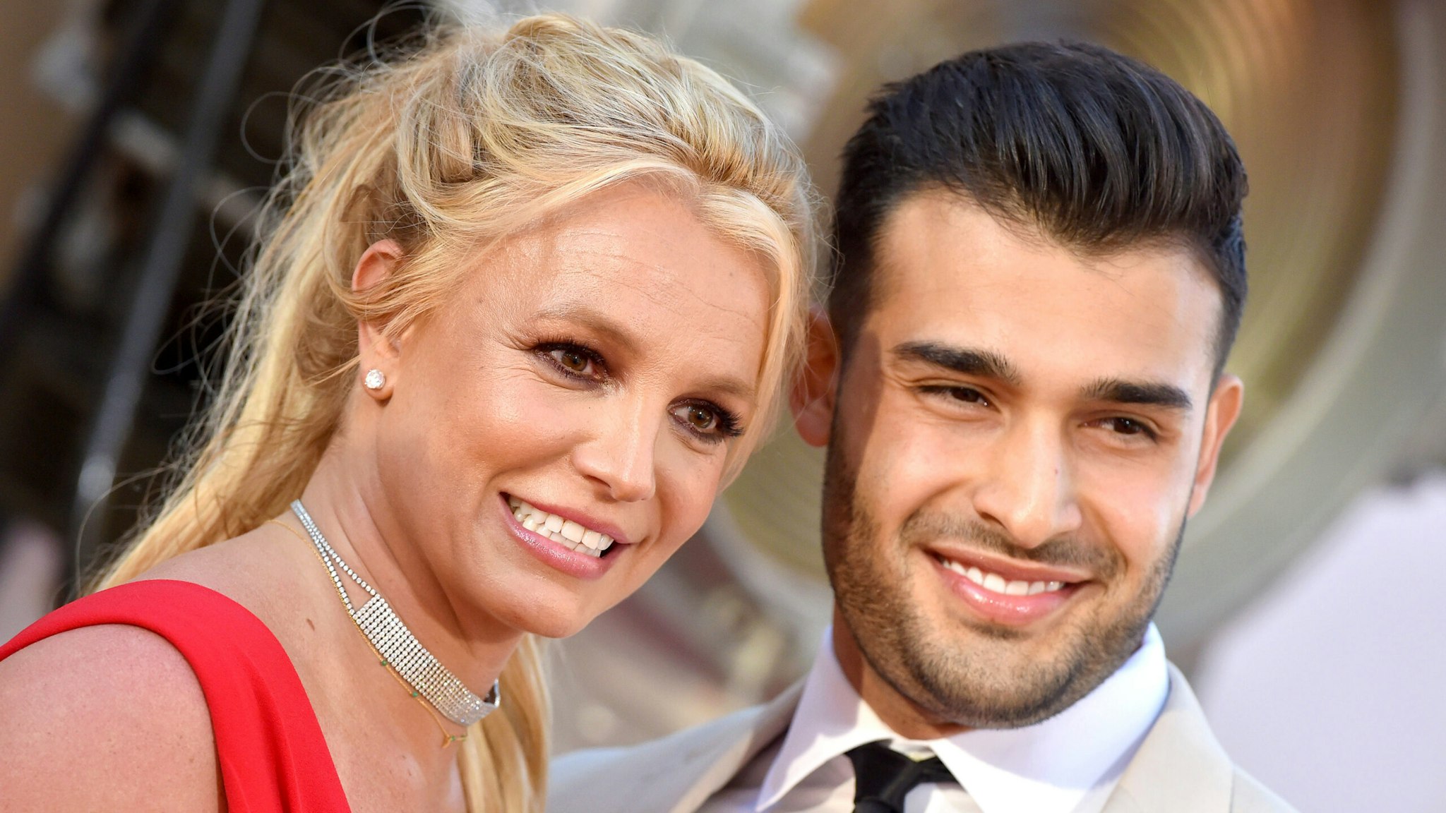 HOLLYWOOD, CALIFORNIA - JULY 22: Britney Spears and Sam Asghari attend Sony Pictures' "Once Upon a Time ... in Hollywood" Los Angeles Premiere on July 22, 2019 in Hollywood, California.
