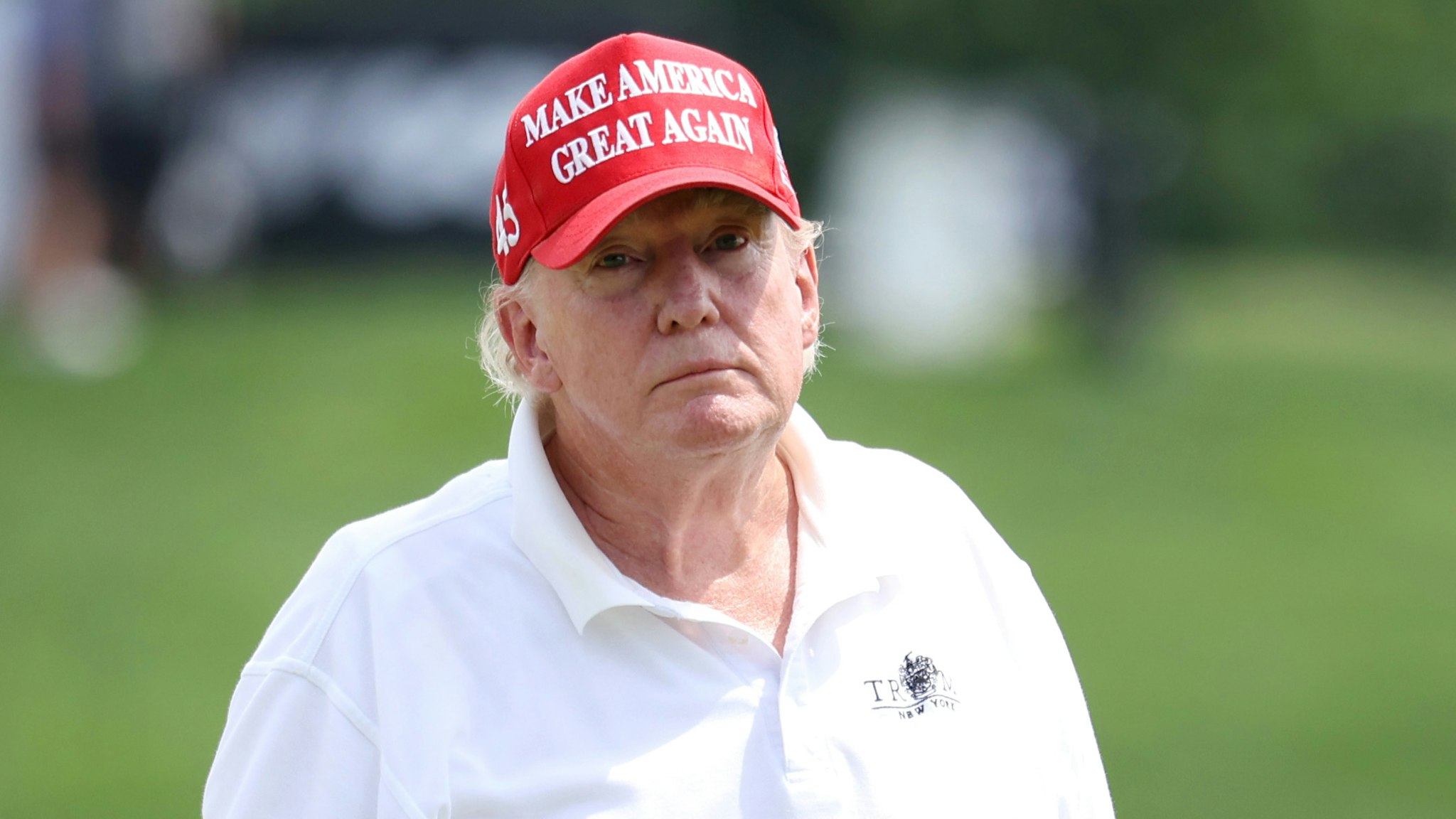 BEDMINSTER, NEW JERSEY - JULY 28: Former U.S. President Donald Trump looks on from the 18th hole during the pro-am prior to the LIV Golf Invitational - Bedminster at Trump National Golf Club Bedminster on July 28, 2022 in Bedminster, New Jersey.