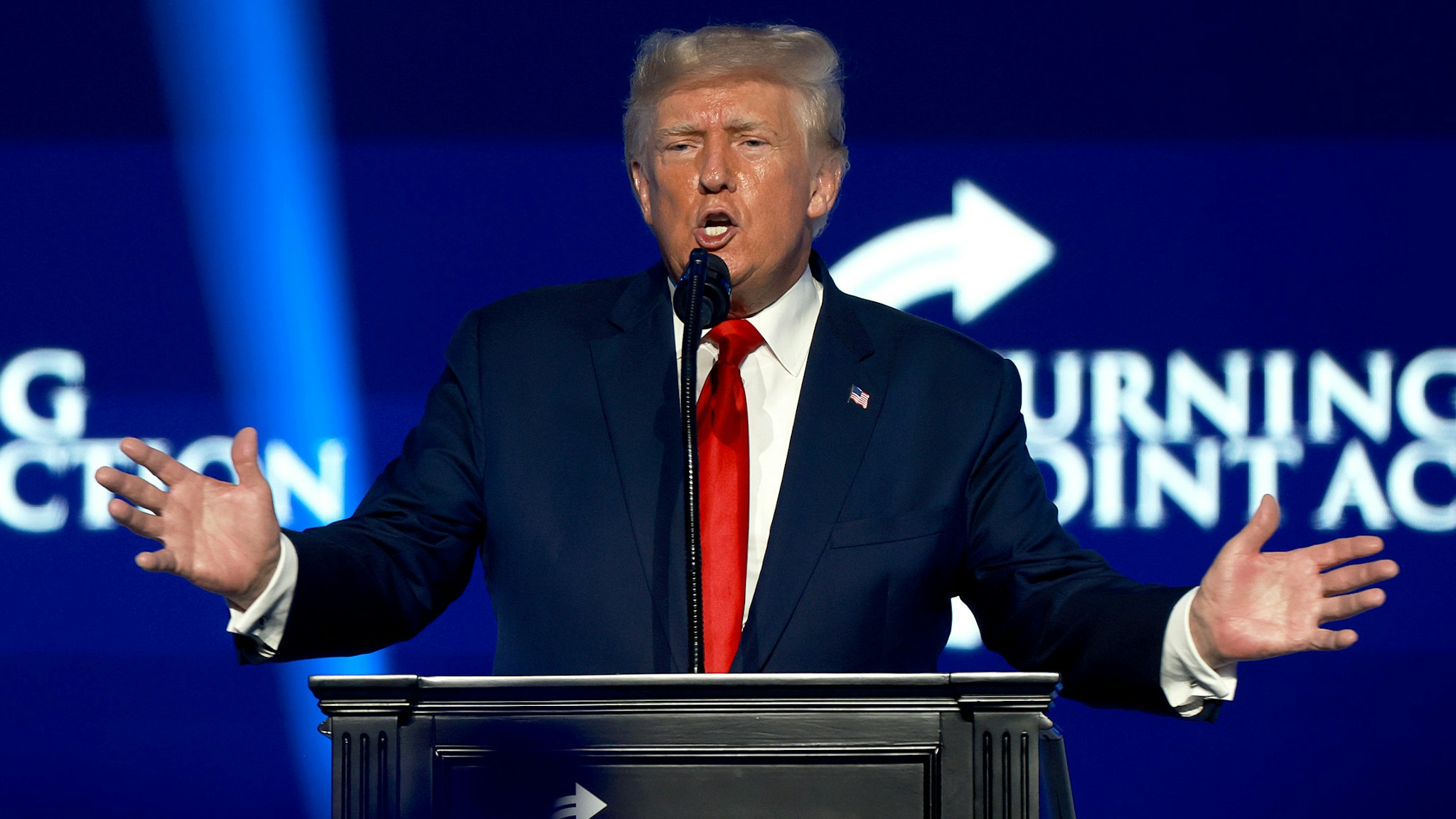 TAMPA, FLORIDA - JULY 23: Former U.S. President Donald Trump speaks during the Turning Point USA Student Action Summit held at the Tampa Convention Center on July 23, 2022 in Tampa, Florida. The event features student activism, leadership training, and a chance to participate in networking events with political leaders.